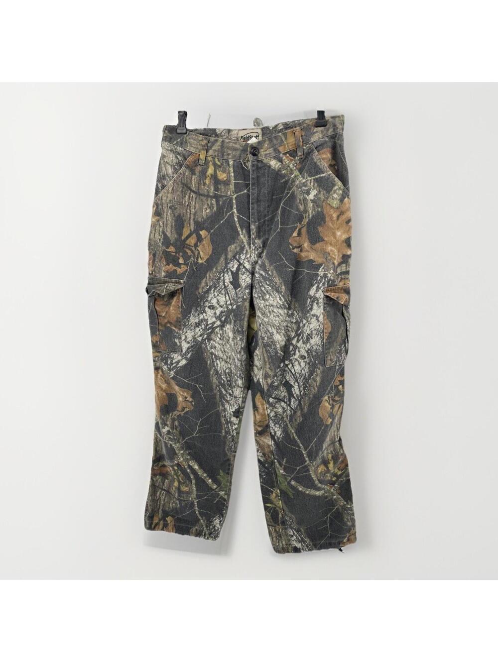 Rare Vintage FIELD STAFF Mossy Oak Apparel Forest Camo Denim Pants 90s Hunting M